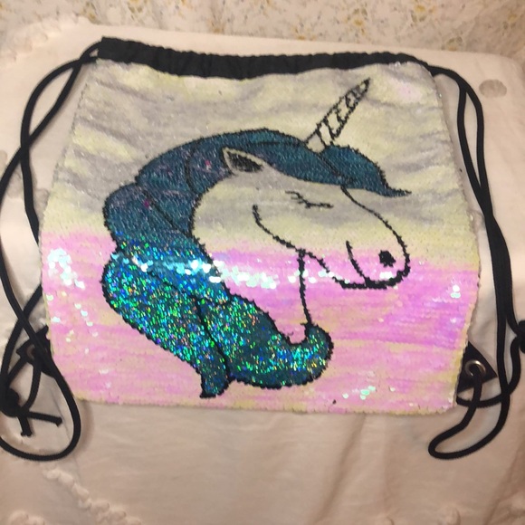 Pink and turquoise iridescent Unicorn Magic sequin backpack. - Picture 6 of 8